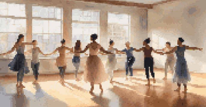 A bright dance therapy session with diverse participants dancing in a sunlit studio filled with windows.