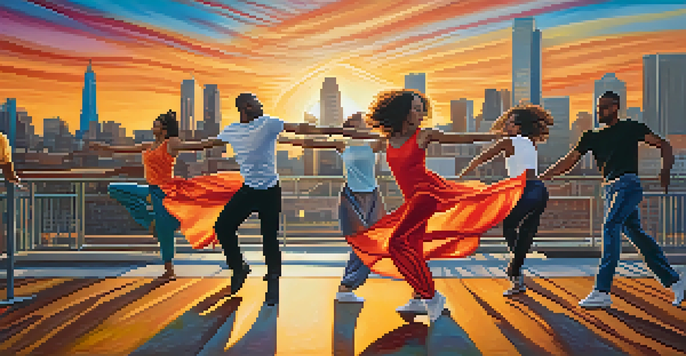 A group of diverse dancers performing in an urban area, showcasing dynamic movements and colorful costumes against a vibrant mural and sunset background.