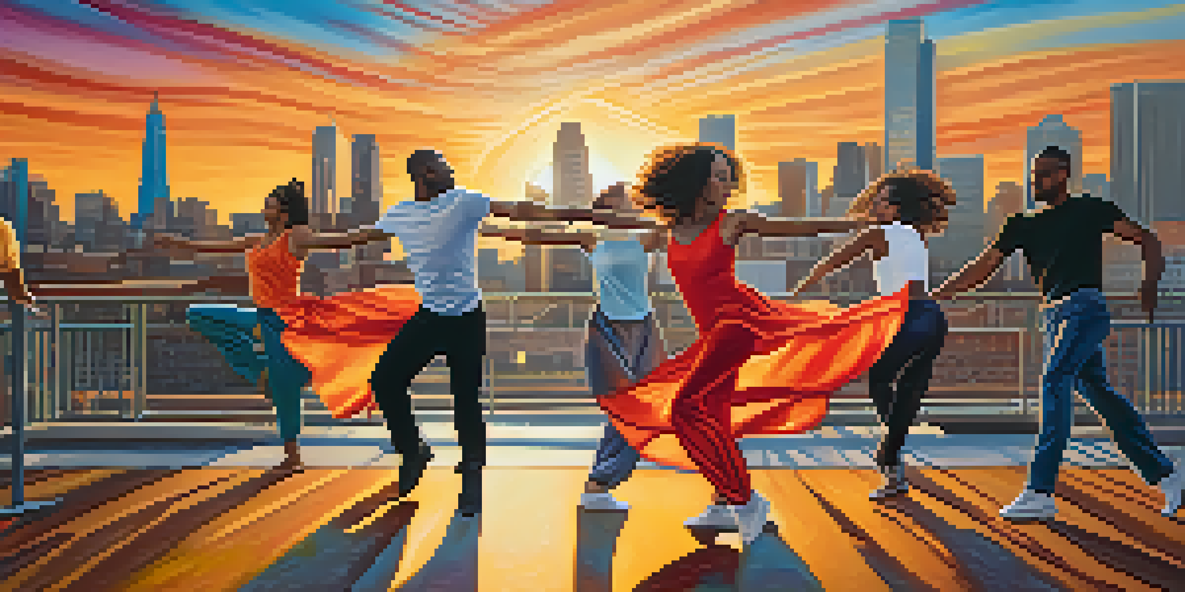 A group of diverse dancers performing in an urban area, showcasing dynamic movements and colorful costumes against a vibrant mural and sunset background.