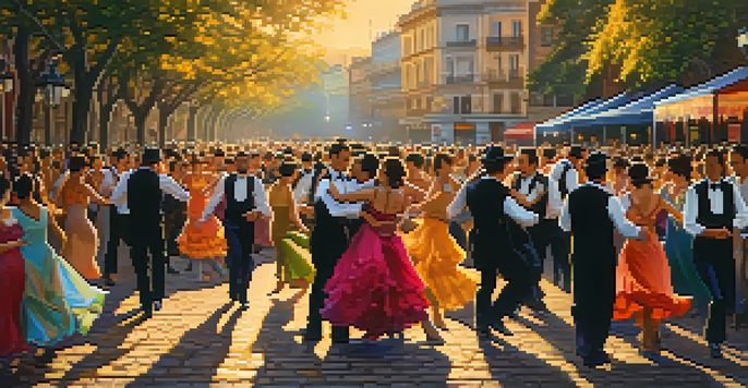 A lively outdoor tango festival in Buenos Aires with dancers in traditional attire performing on a cobblestone street during sunset.