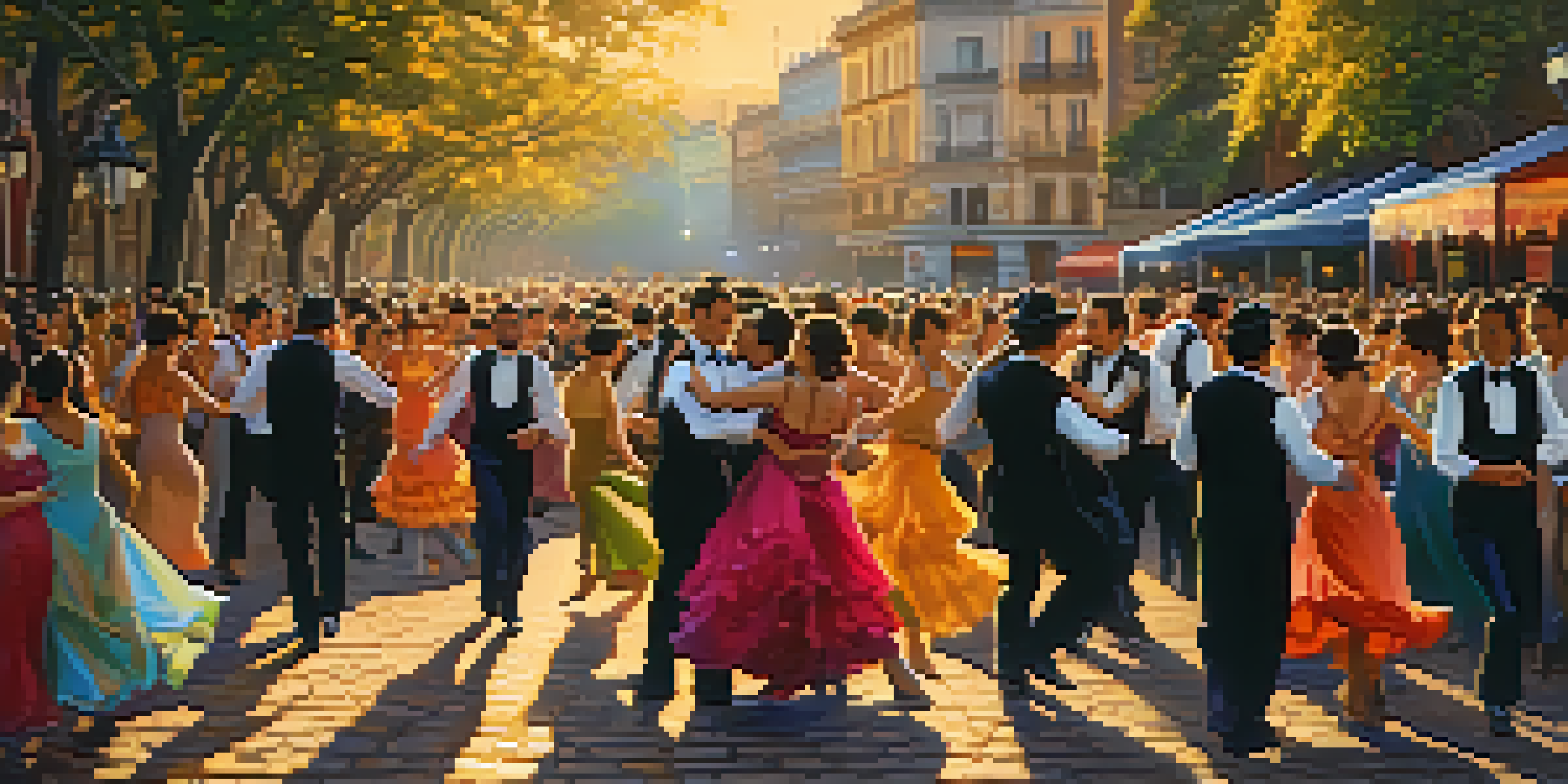 A lively outdoor tango festival in Buenos Aires with dancers in traditional attire performing on a cobblestone street during sunset.
