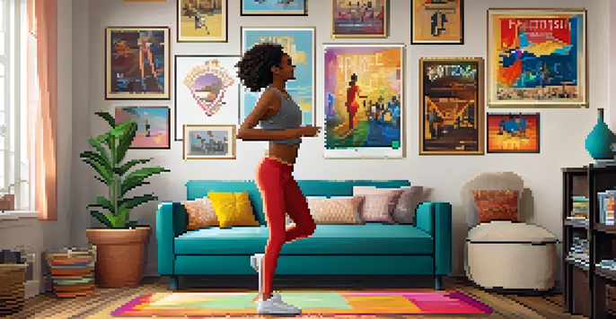 A teenager dancing salsa in a cozy room with a laptop, surrounded by colorful dance posters.