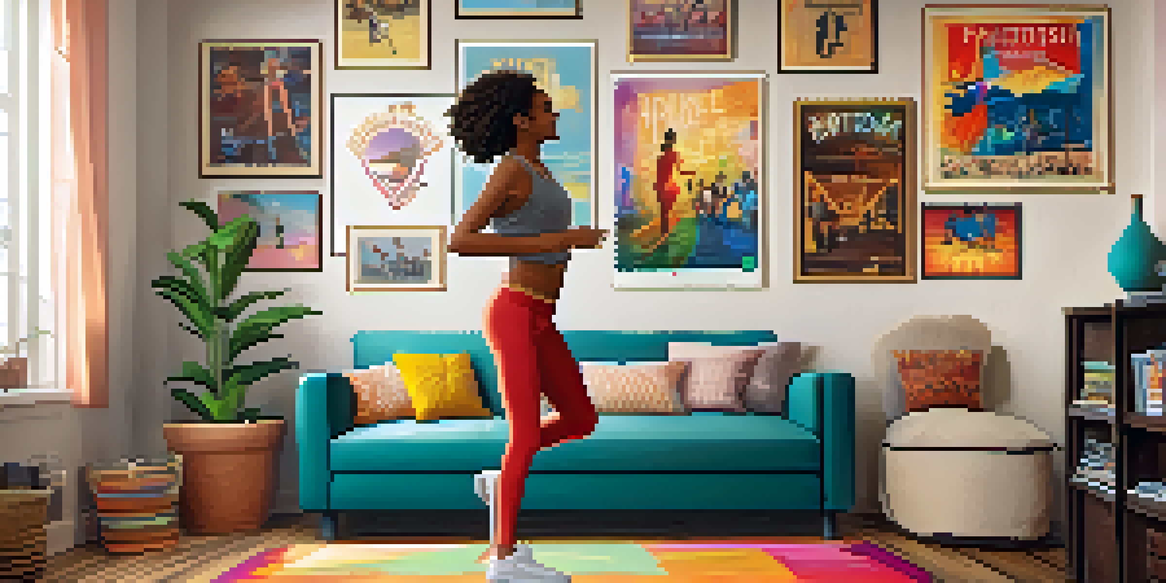 A teenager dancing salsa in a cozy room with a laptop, surrounded by colorful dance posters.