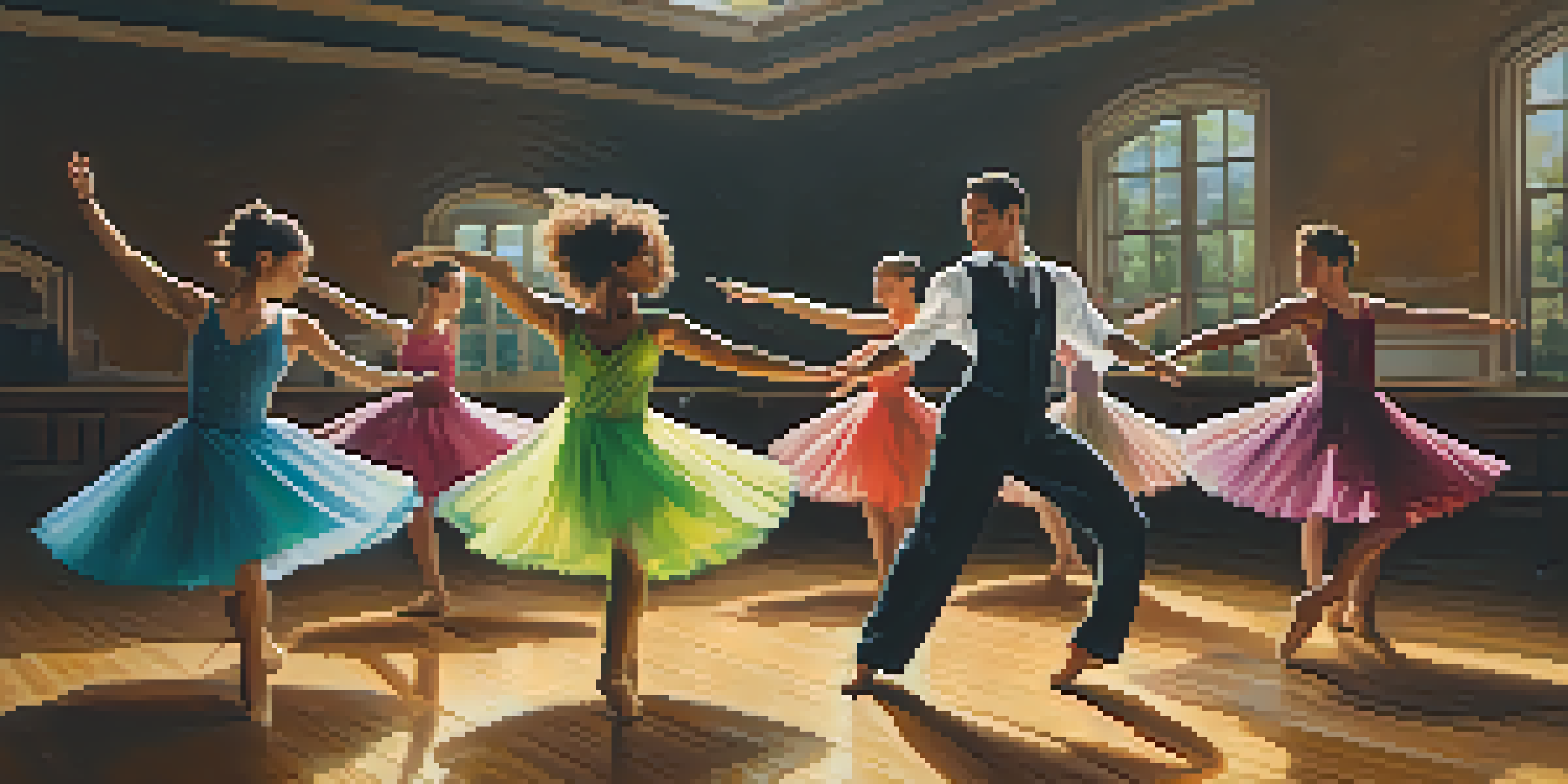 A group of diverse dancers practicing in a dimly lit studio, showcasing various styles and colorful costumes, with warm light filtering through windows.