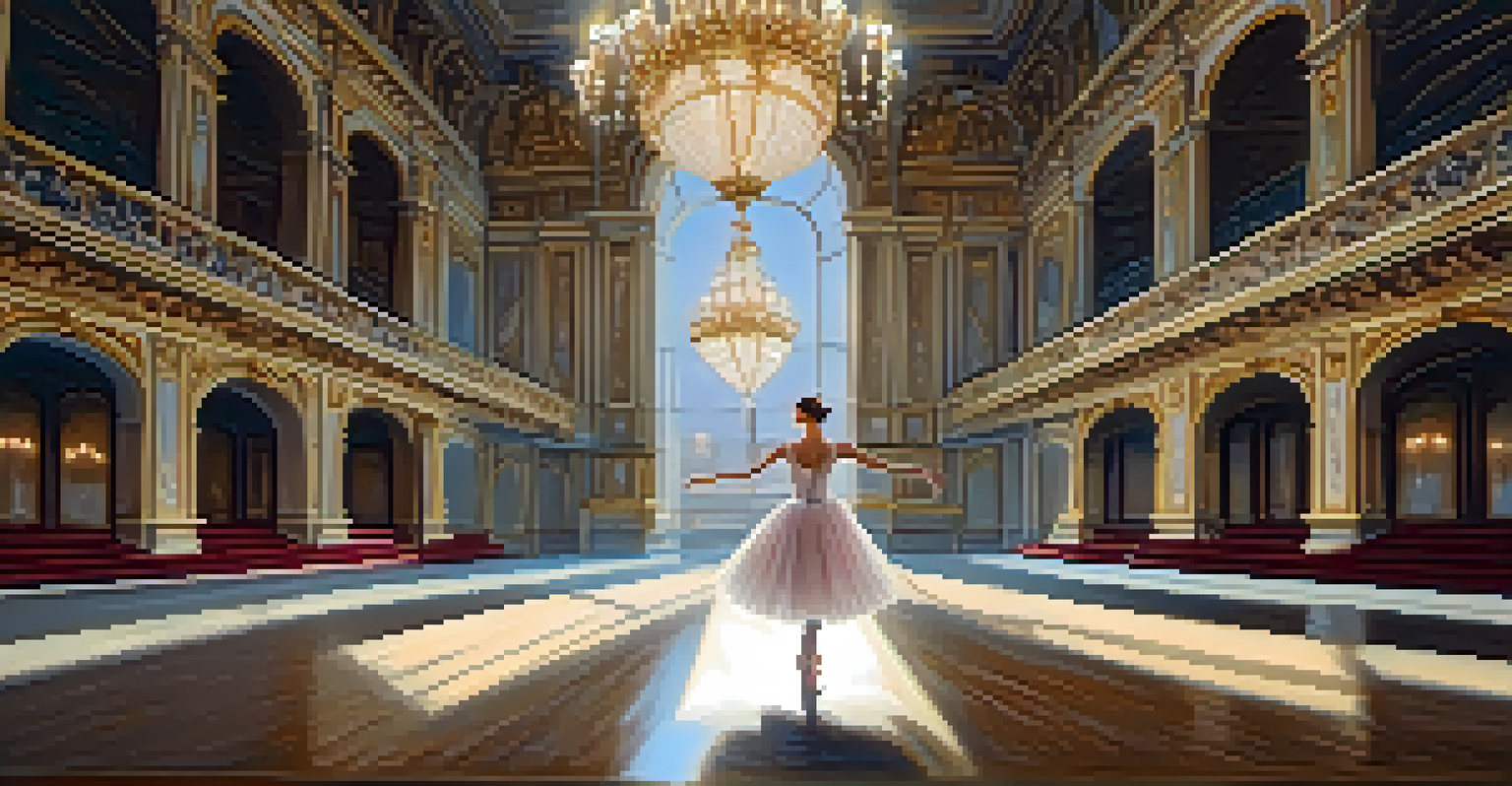 A ballerina performing a pirouette on stage at the Paris Opera, surrounded by ornate decorations and soft lighting.