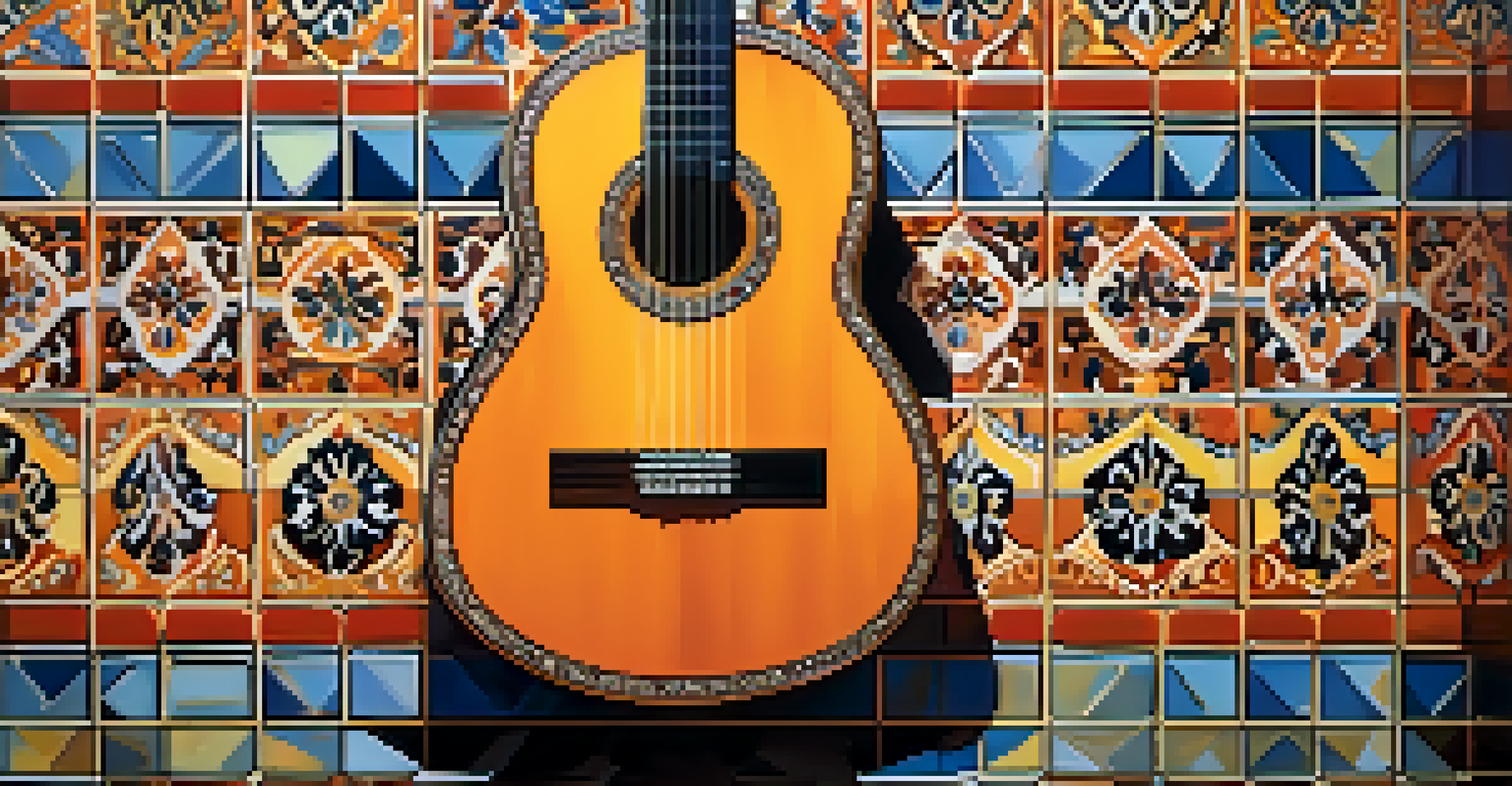 A close-up of a Flamenco guitar against vibrant Spanish tiles, showcasing the guitar's wood grain and strings.