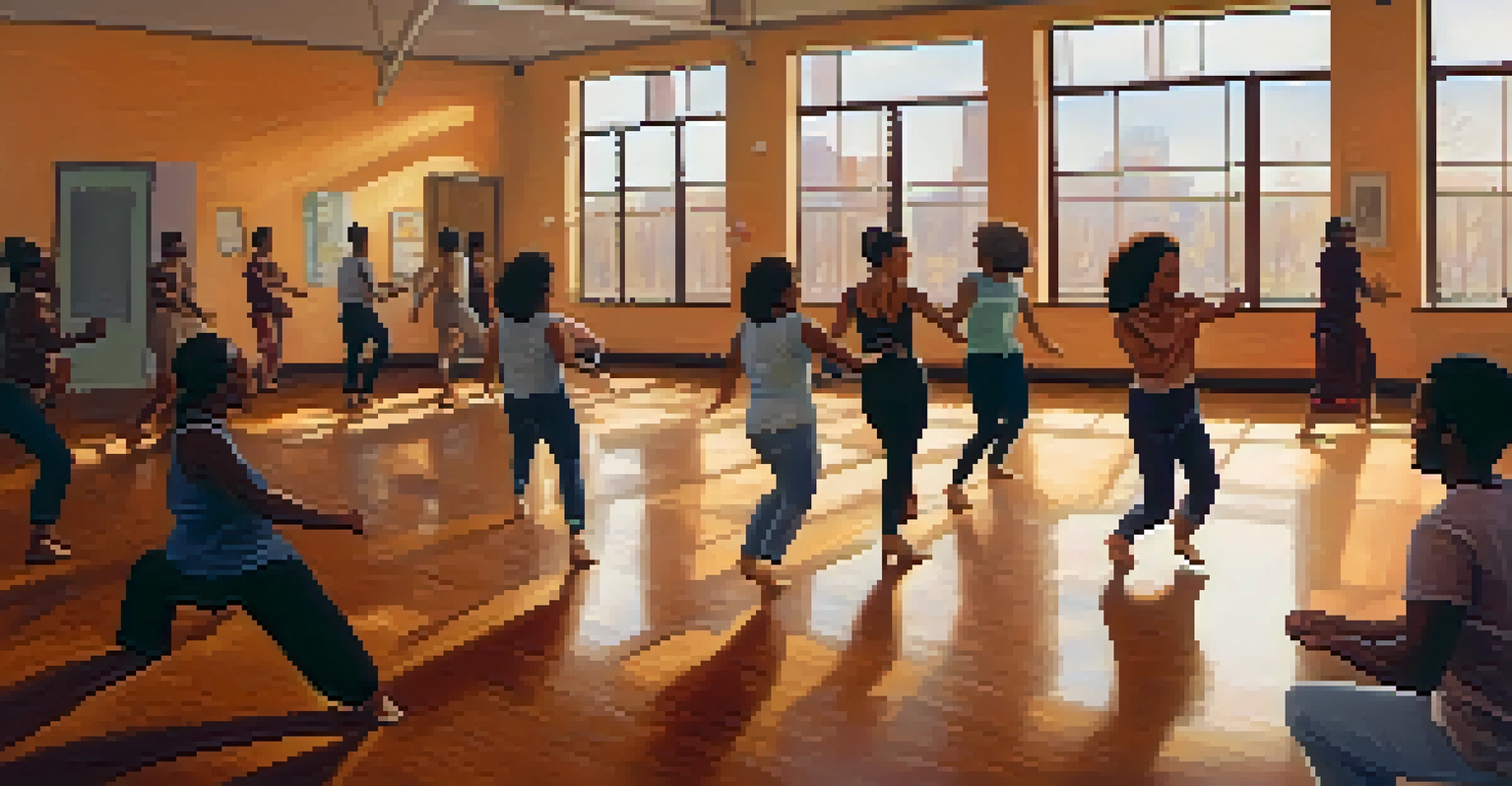 A cozy dance therapy session with individuals expressing emotions through movement in a softly lit community center.