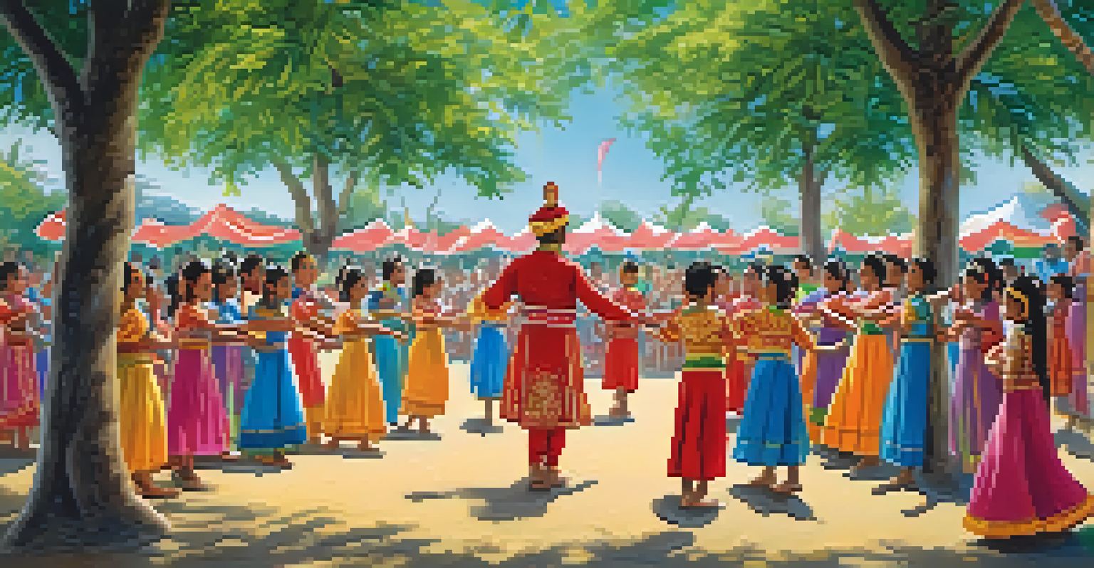 Children in colorful costumes performing a traditional dance at an outdoor cultural festival, surrounded by spectators.