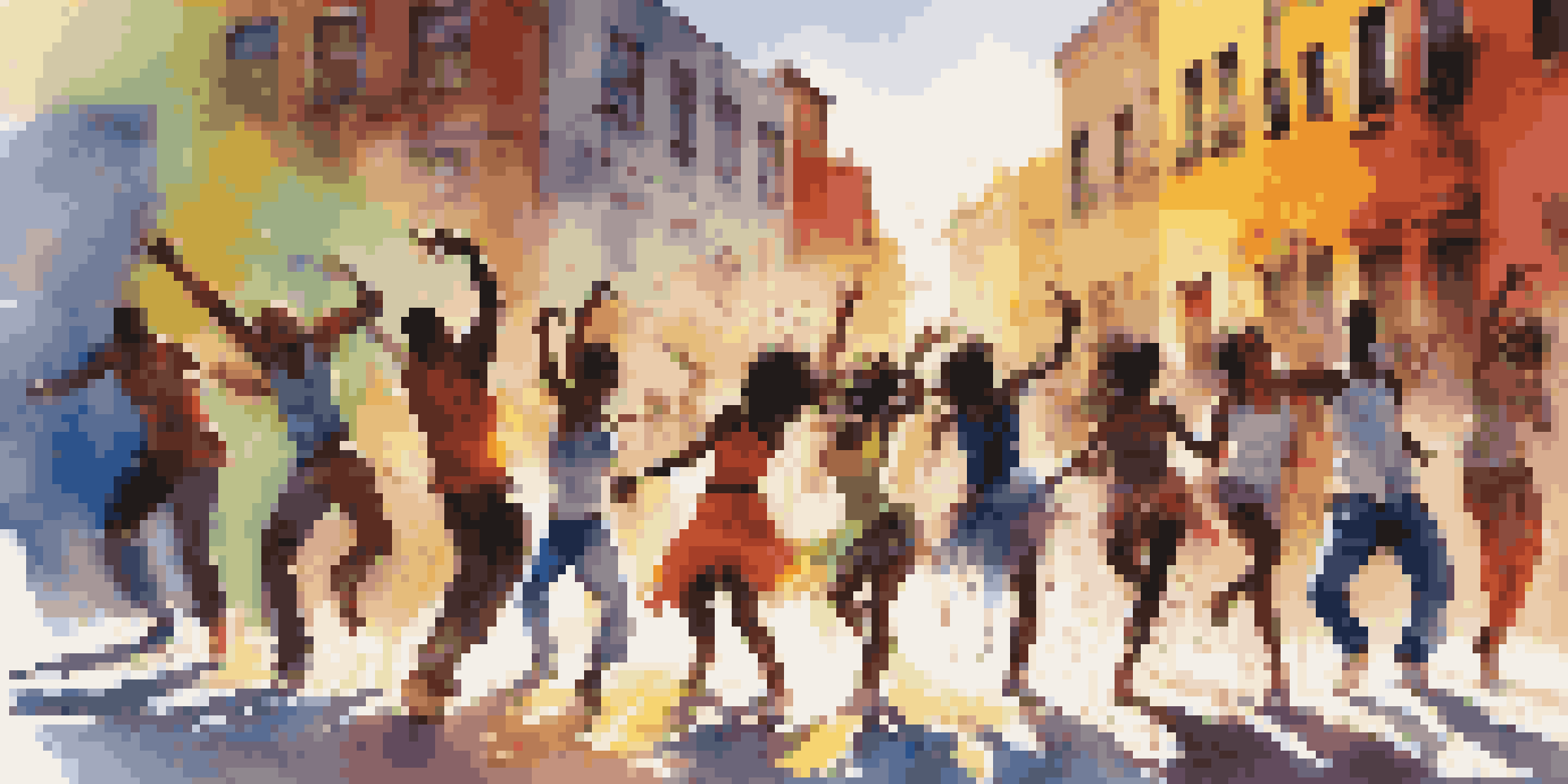 A diverse group of dancers performing in an urban setting with colorful graffiti and sunlight casting shadows.