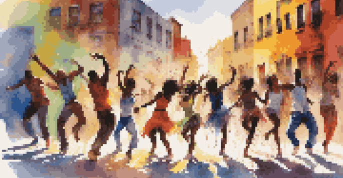 A diverse group of dancers performing in an urban setting with colorful graffiti and sunlight casting shadows.