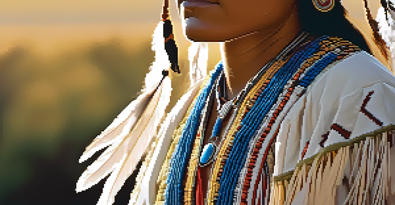 A detailed close-up of a Native American dancer's regalia, showcasing beadwork and fabric textures in sunlight.