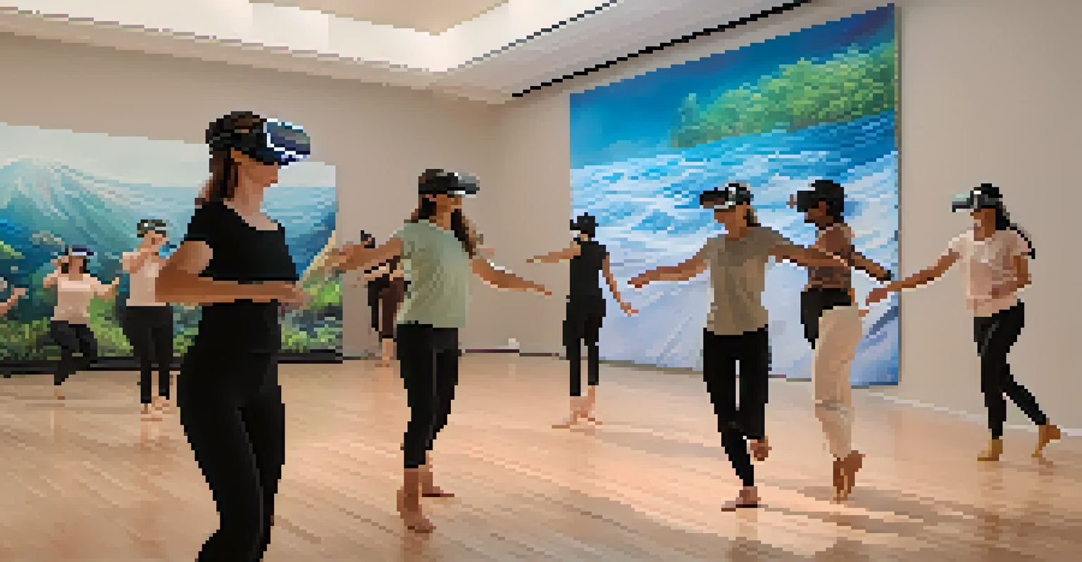 Participants in a virtual reality setup, experiencing a dance performance focused on climate change, surrounded by immersive nature visuals.