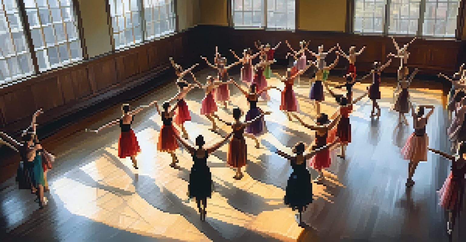 Aerial view of a diverse group of dancers performing in a sunlit studio with a wooden floor.