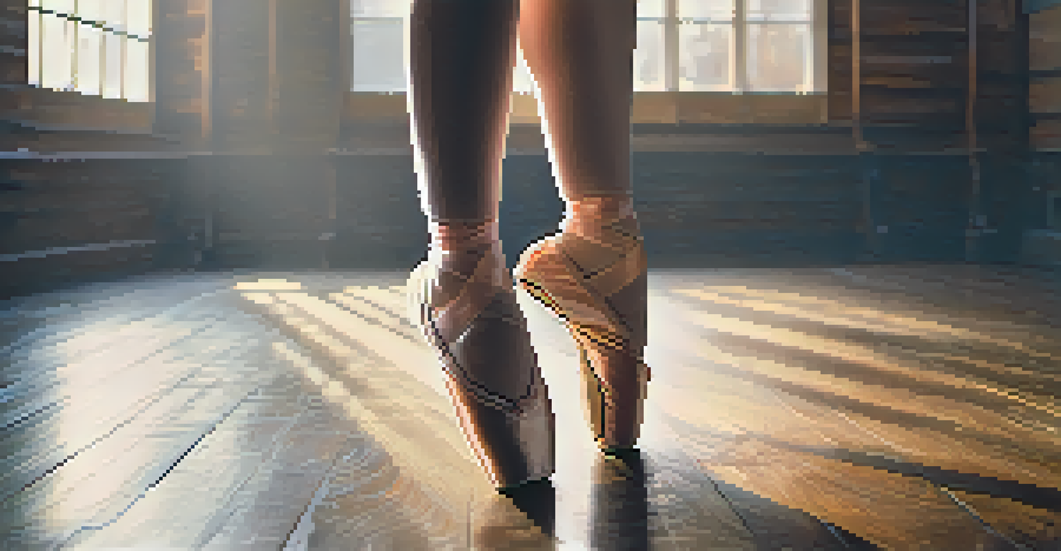 Close-up of a ballet dancer's feet in pointe shoes on a wooden stage, illuminated by warm lighting.