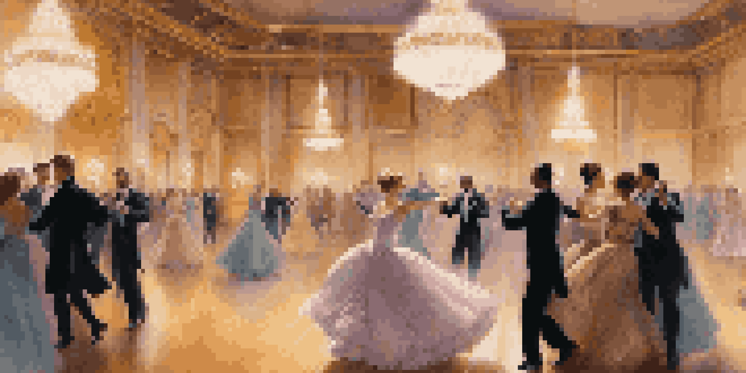 A couple dancing a waltz in a beautifully lit ballroom, showcasing elegance and romance.