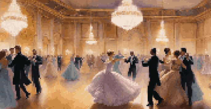 A couple dancing a waltz in a beautifully lit ballroom, showcasing elegance and romance.