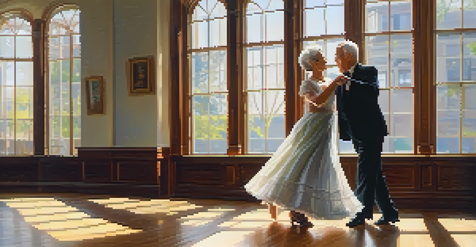 Two older adults elegantly waltzing in a sunlit dance studio, highlighting their graceful movements.