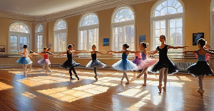 A vibrant dance class with adults and children of diverse backgrounds enjoying different dance styles under bright sunlight.