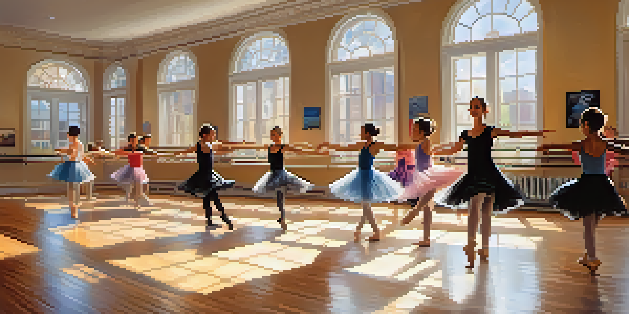 A vibrant dance class with adults and children of diverse backgrounds enjoying different dance styles under bright sunlight.