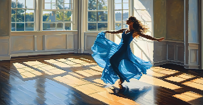 A woman in a blue dress dancing freely in a bright studio with large windows, sunlight illuminating the wooden floor.