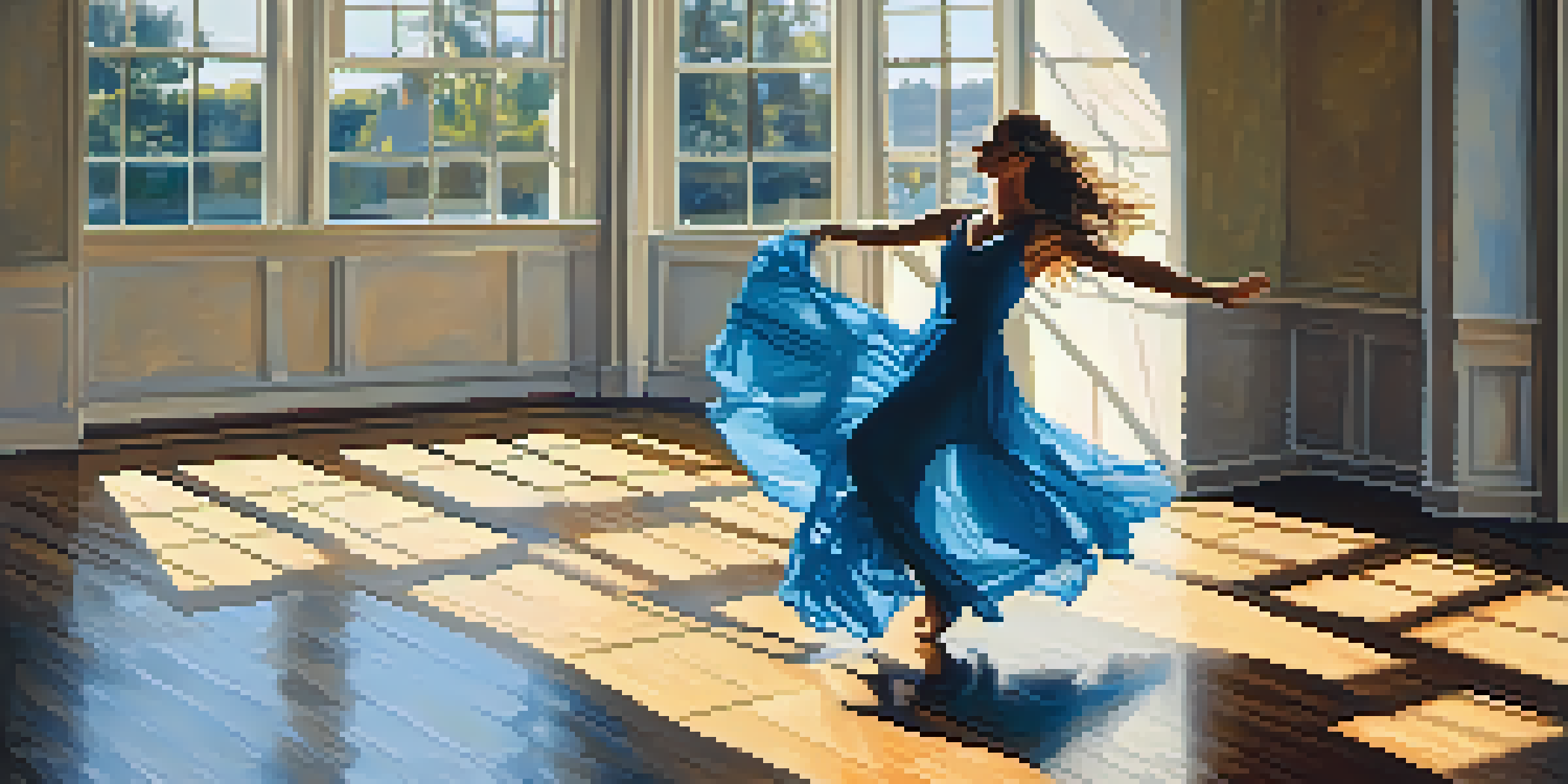 A woman in a blue dress dancing freely in a bright studio with large windows, sunlight illuminating the wooden floor.