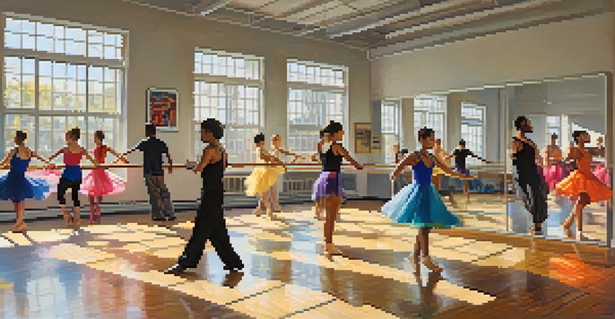 A bright dance studio with diverse dancers practicing, polished wood floor, and colorful costumes on the walls.