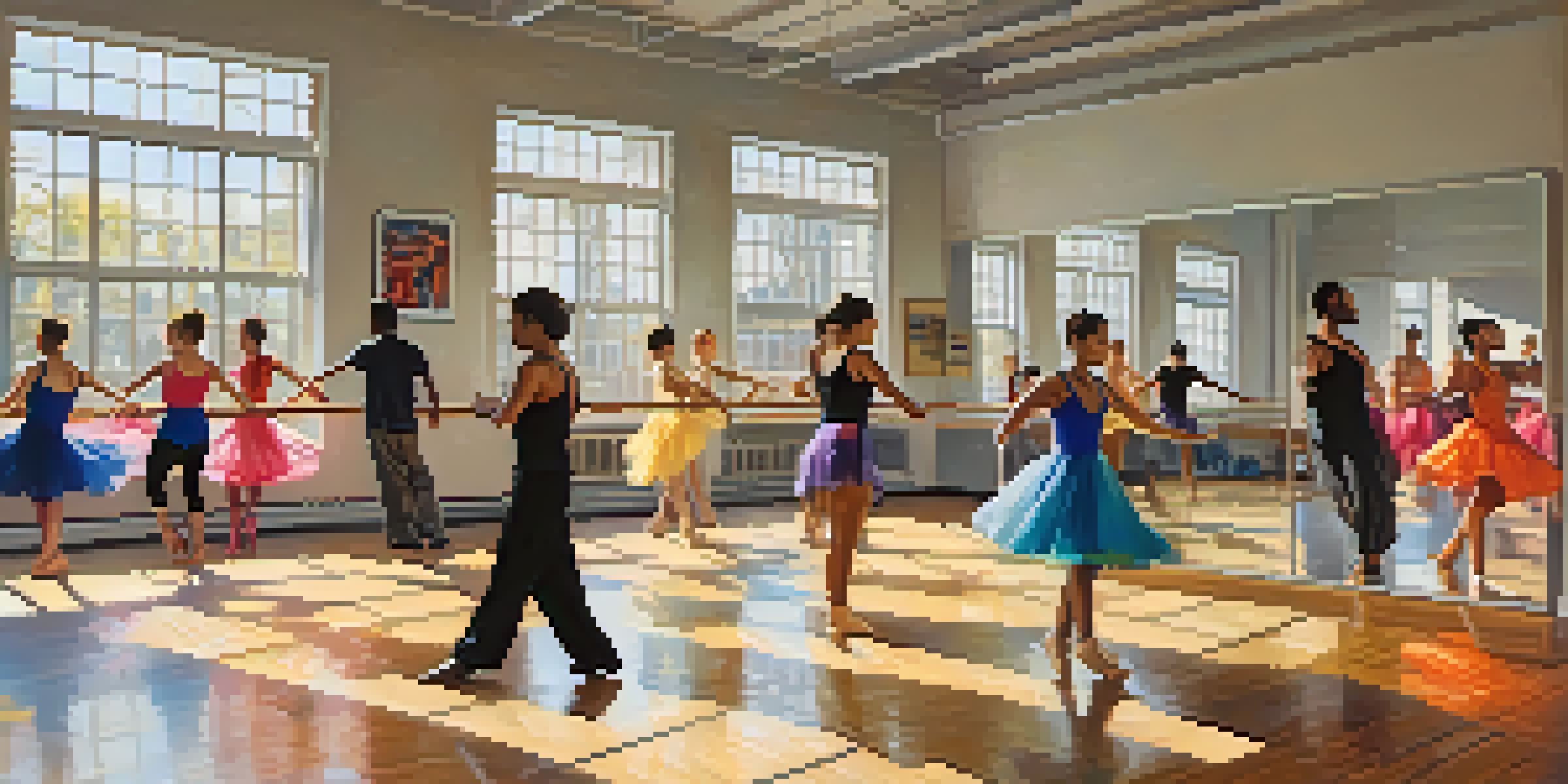 A bright dance studio with diverse dancers practicing, polished wood floor, and colorful costumes on the walls.