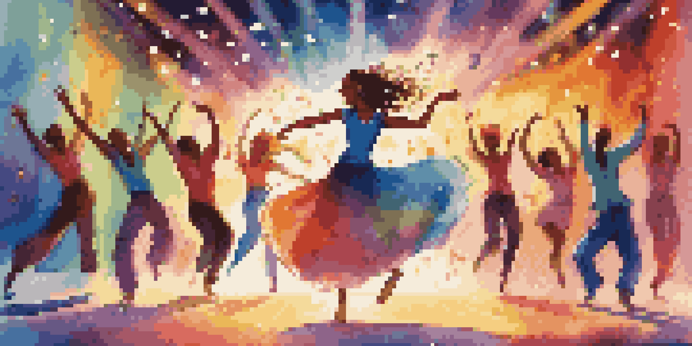 An animated character joyfully dancing on a colorful stage with swirling lights and musical notes in the background.
