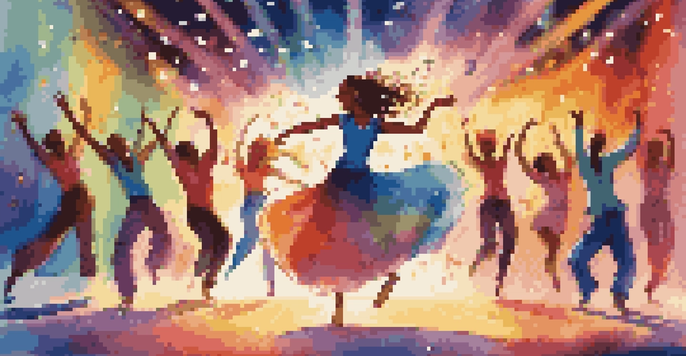An animated character joyfully dancing on a colorful stage with swirling lights and musical notes in the background.