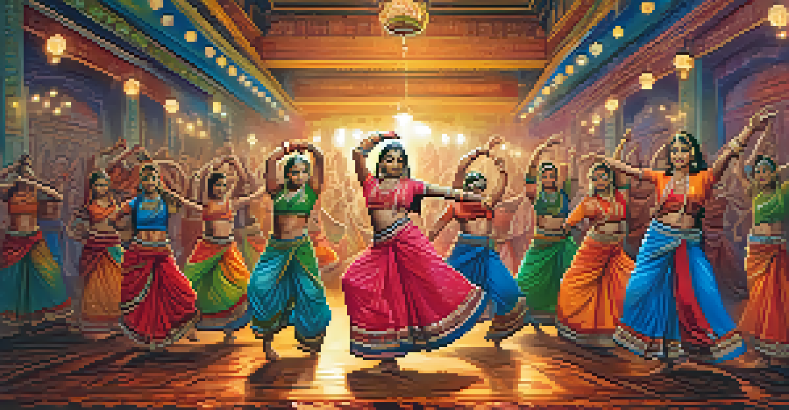 Dancers performing a fusion of hip-hop and Indian dance in colorful attire, set against a vibrant urban background.