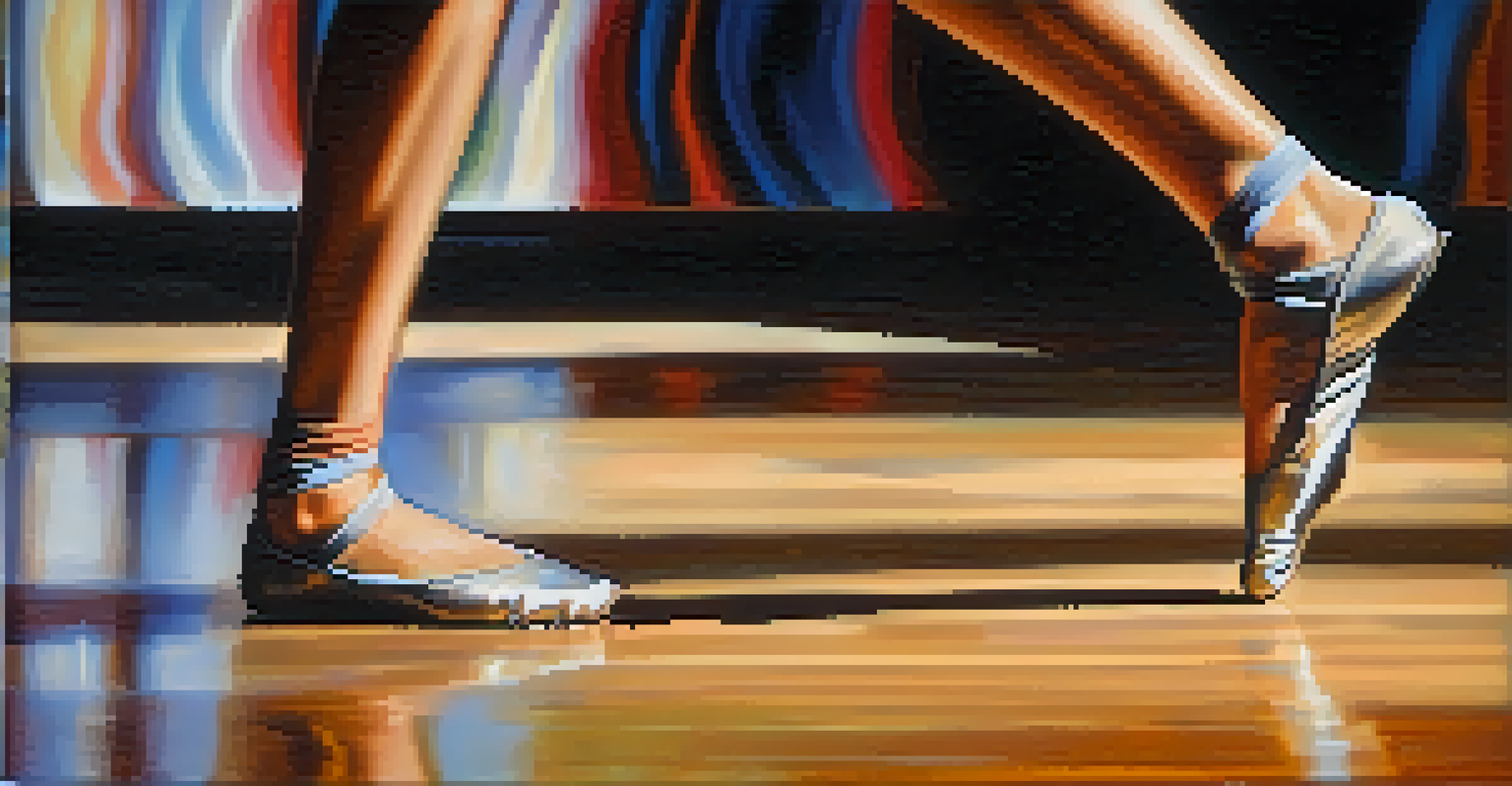 A close-up of a dancer's feet in motion on a polished wooden floor.