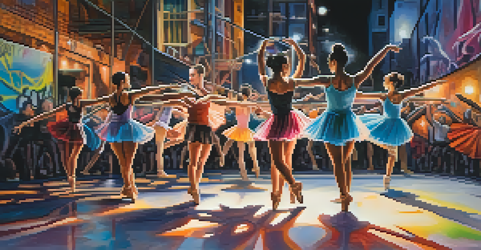 Contemporary ballet dancers performing in an urban setting with colorful lighting.