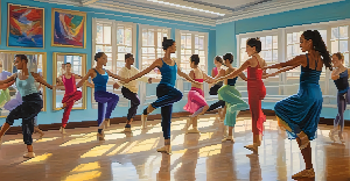 A lively dance class in a bright studio with diverse participants expressing joy through dance.