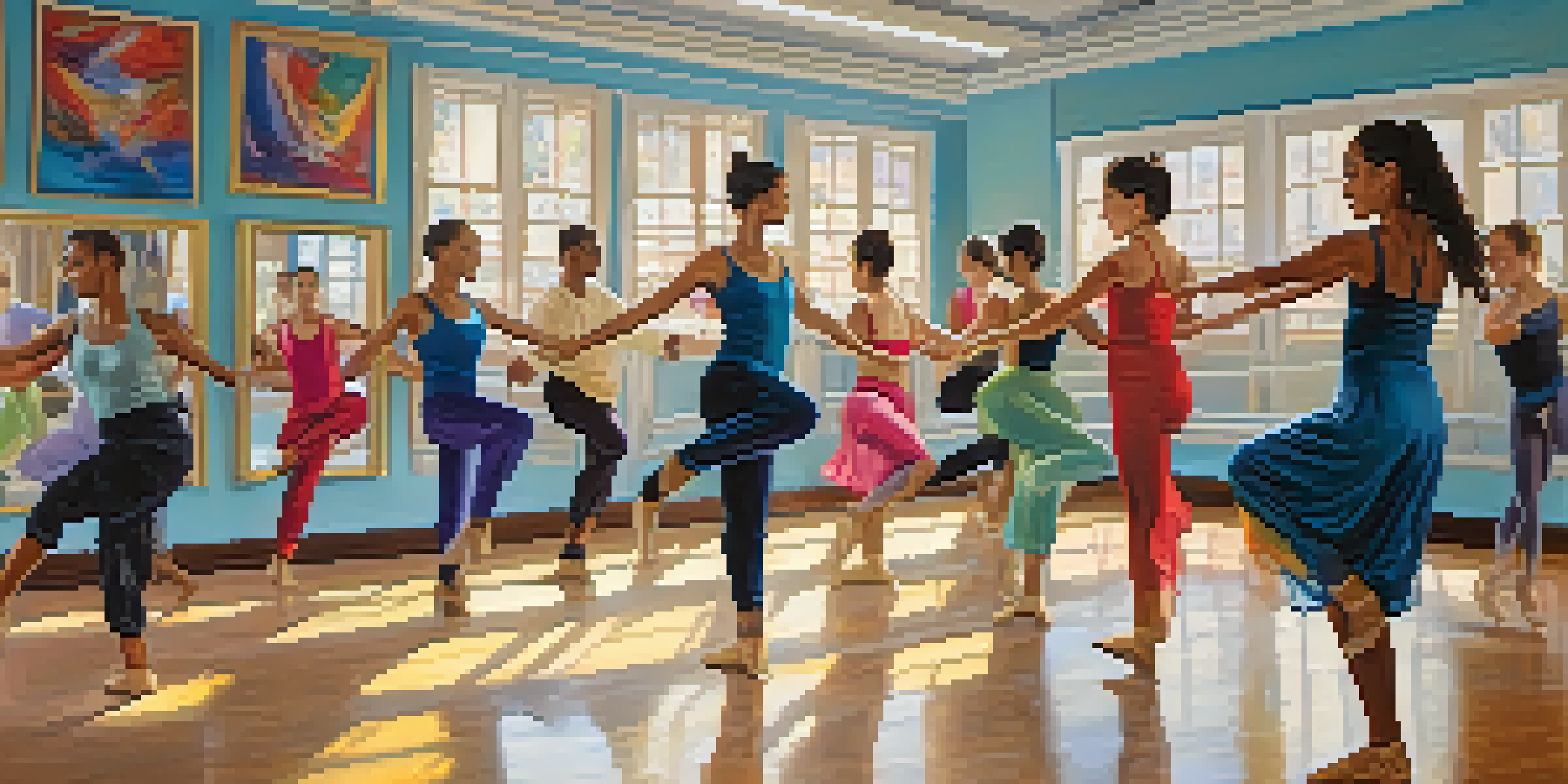 A lively dance class in a bright studio with diverse participants expressing joy through dance.