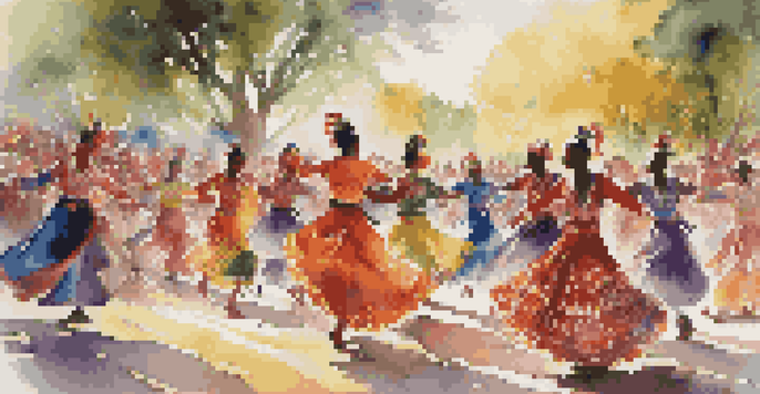 A lively outdoor dance festival showcasing dancers in traditional costumes from various cultures, with colorful attire and dynamic poses under sunlight.