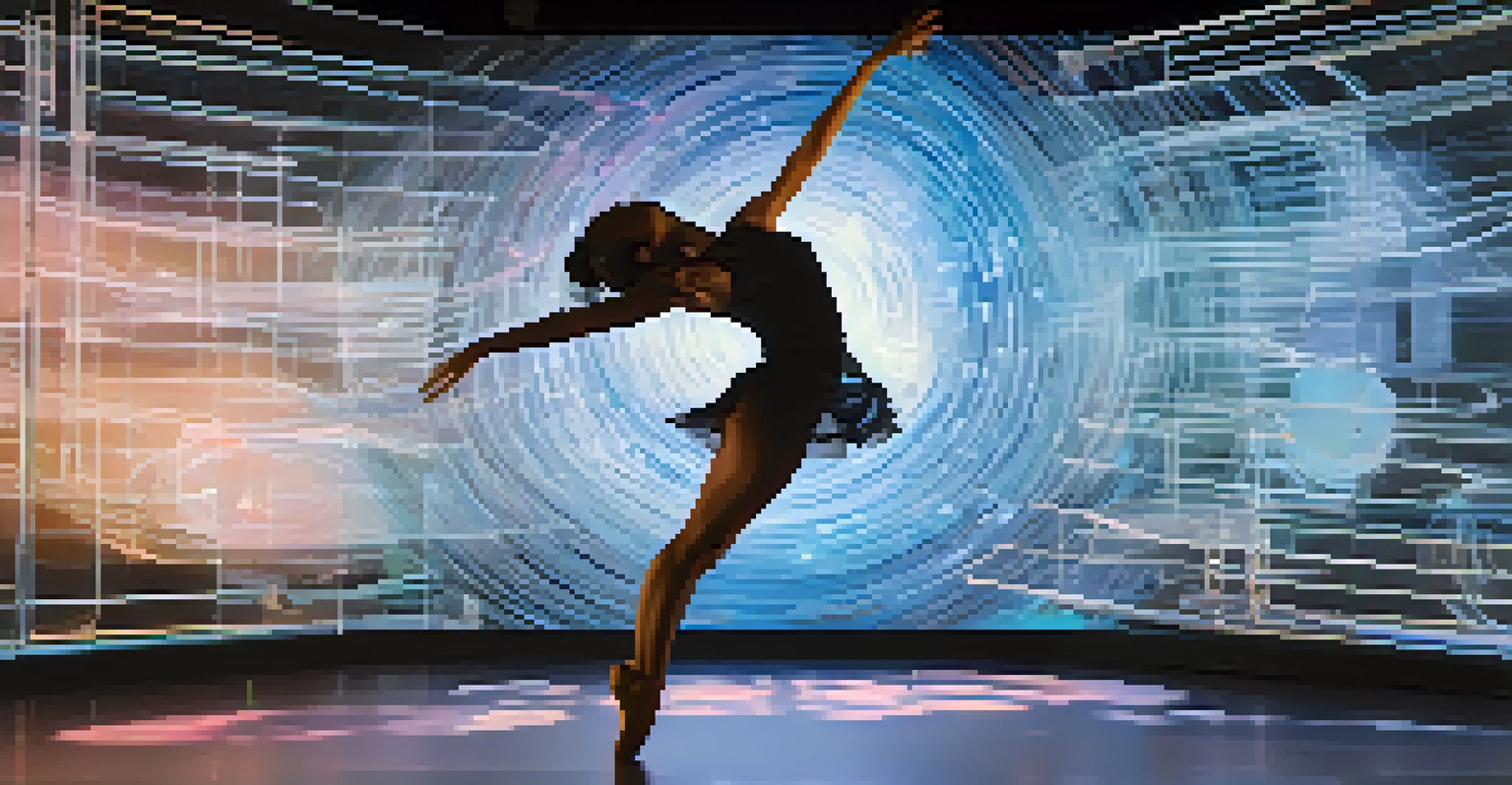 An artistic depiction of a dancer with digital projections illustrating choreography and movement patterns.