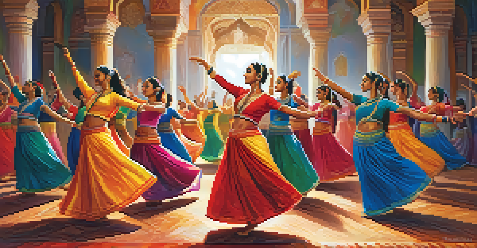 Dancers in traditional attire performing joyfully during a Kirtan session, surrounded by vibrant colors and decorations, expressing emotions through movement.