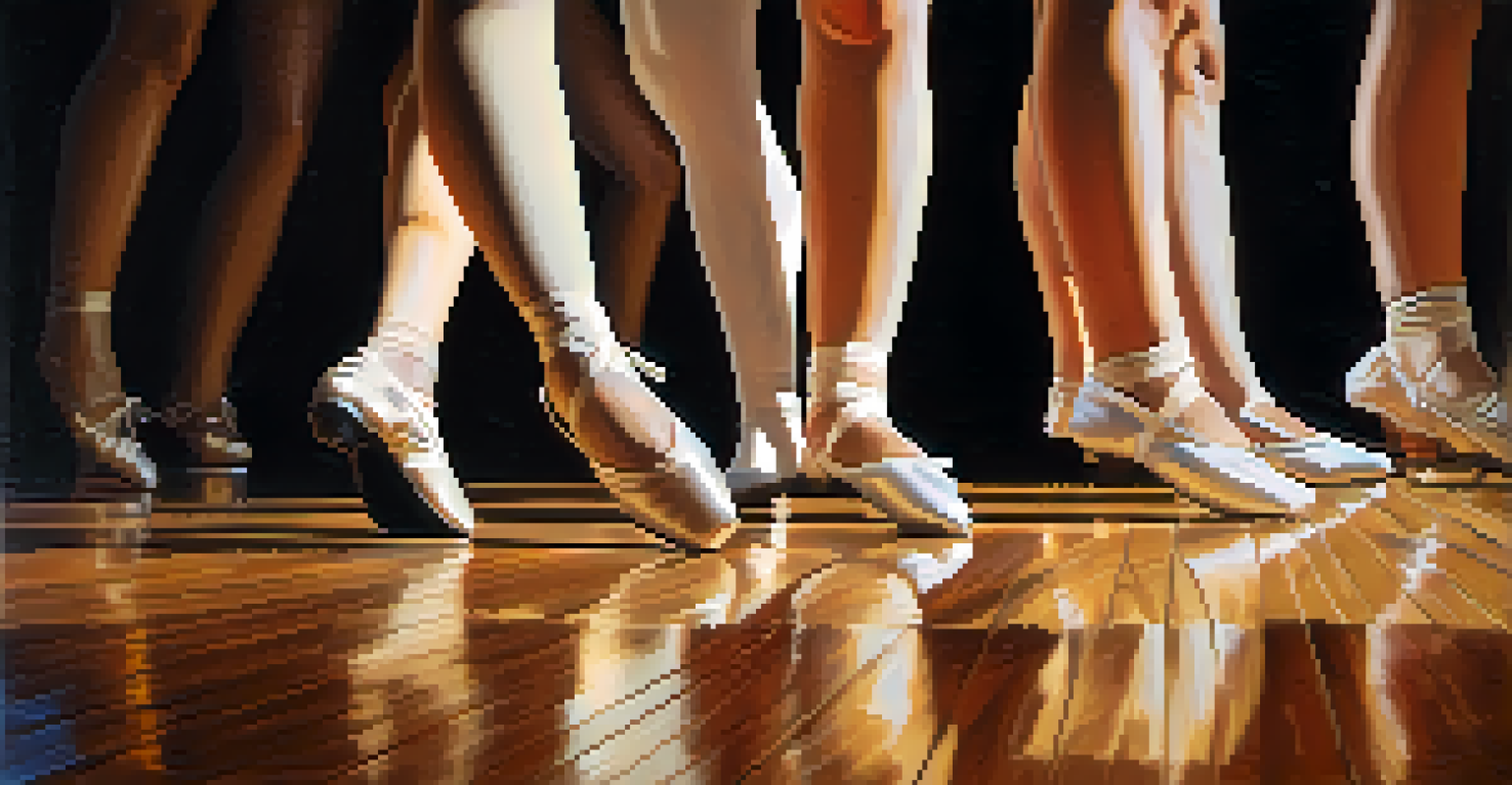 A close-up of dance shoes on a wooden floor with other dancers in motion, highlighting the texture and warmth of the dance studio.