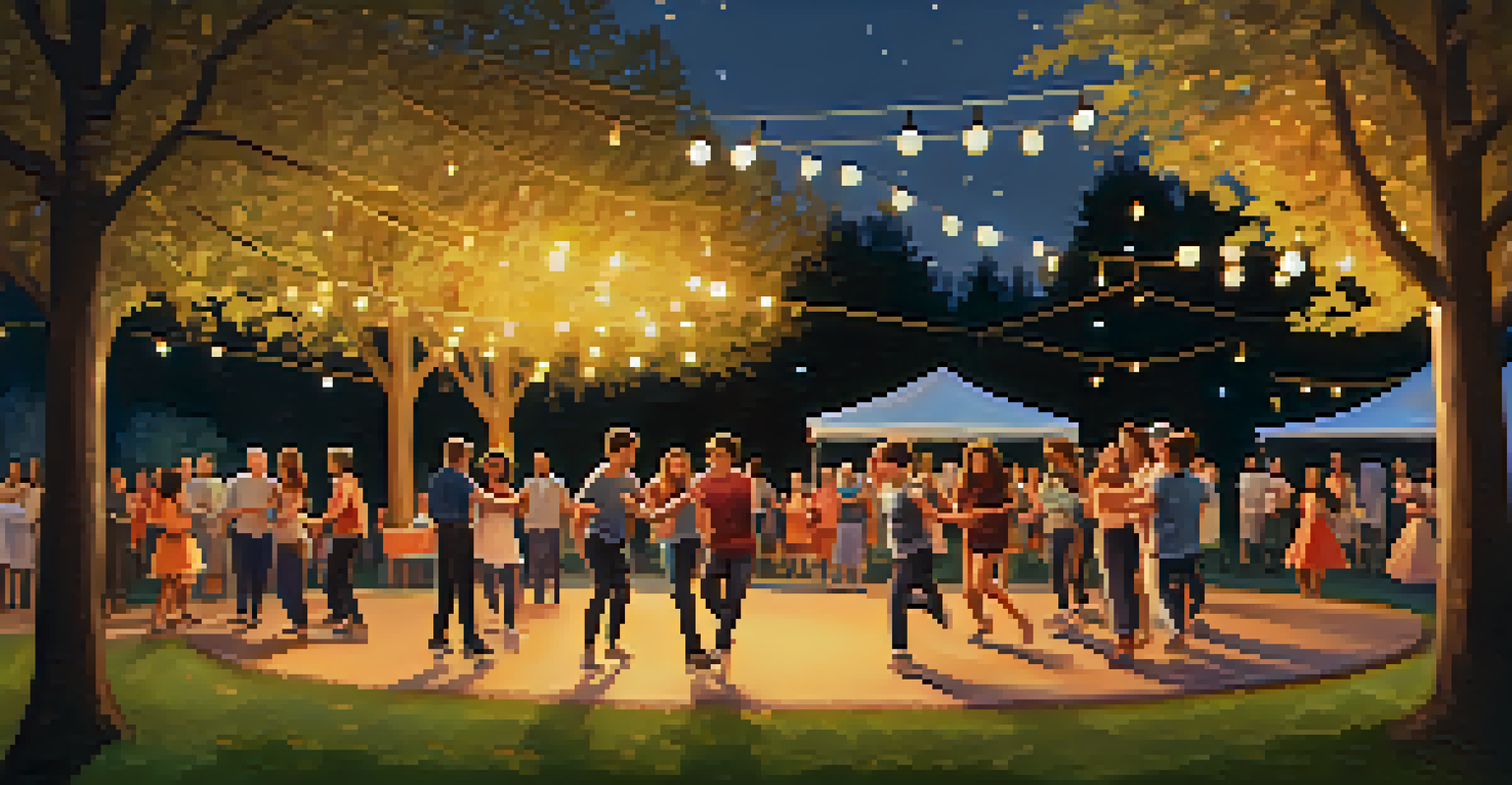 A joyful outdoor dance circle at dusk, with smiling participants dancing together under string lights.