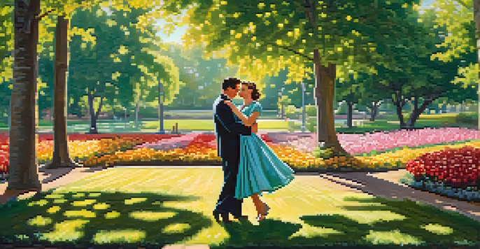 A couple in vintage clothing dancing in a sunny park surrounded by colorful flowers and trees.