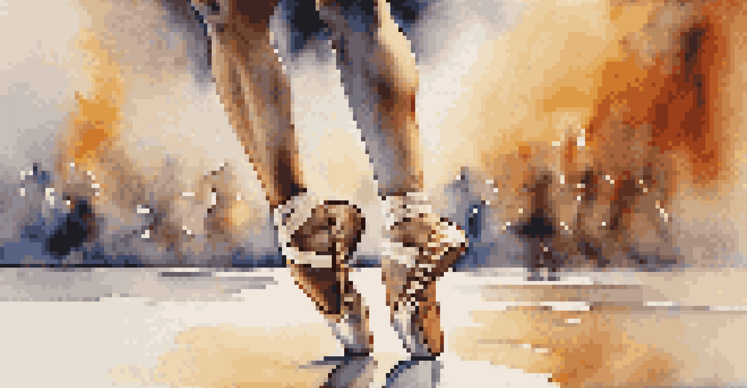 A close-up image of a dancer's feet showcasing intricate footwork, with a blurred background emphasizing the movement.