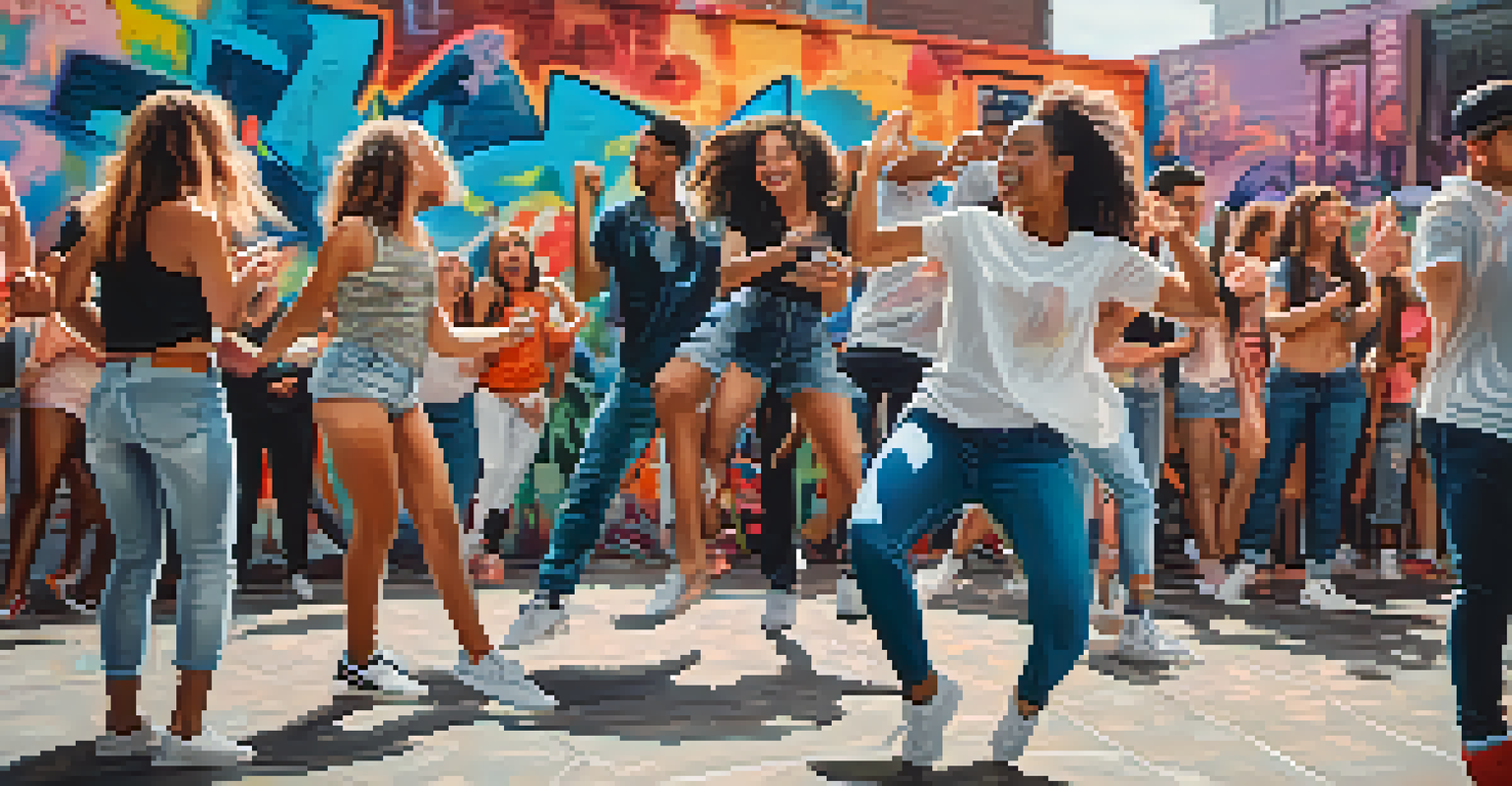 A group of dancers performing a viral dance challenge in an urban setting, with an enthusiastic crowd around them.