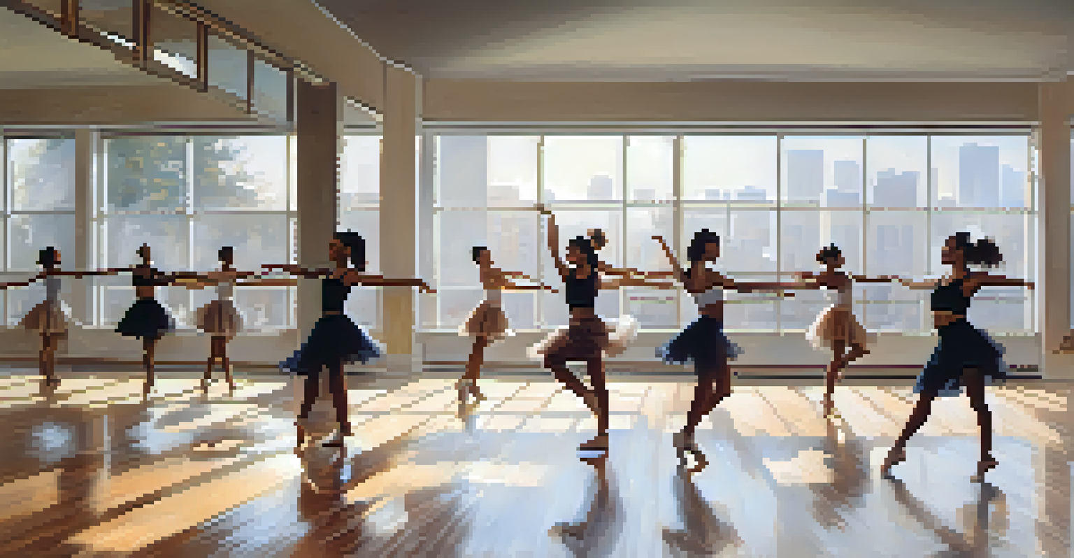 A diverse group of dancers rehearsing in a bright studio with large windows, showcasing both contemporary and jazz movements.