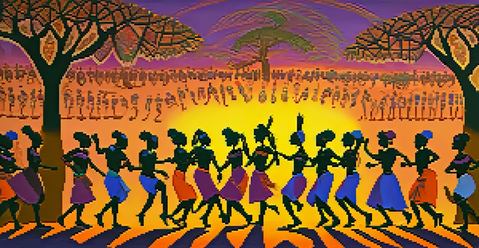 A lively scene of African tribal dancers in traditional clothing dancing at sunset, with a colorful sky and a crowd watching.