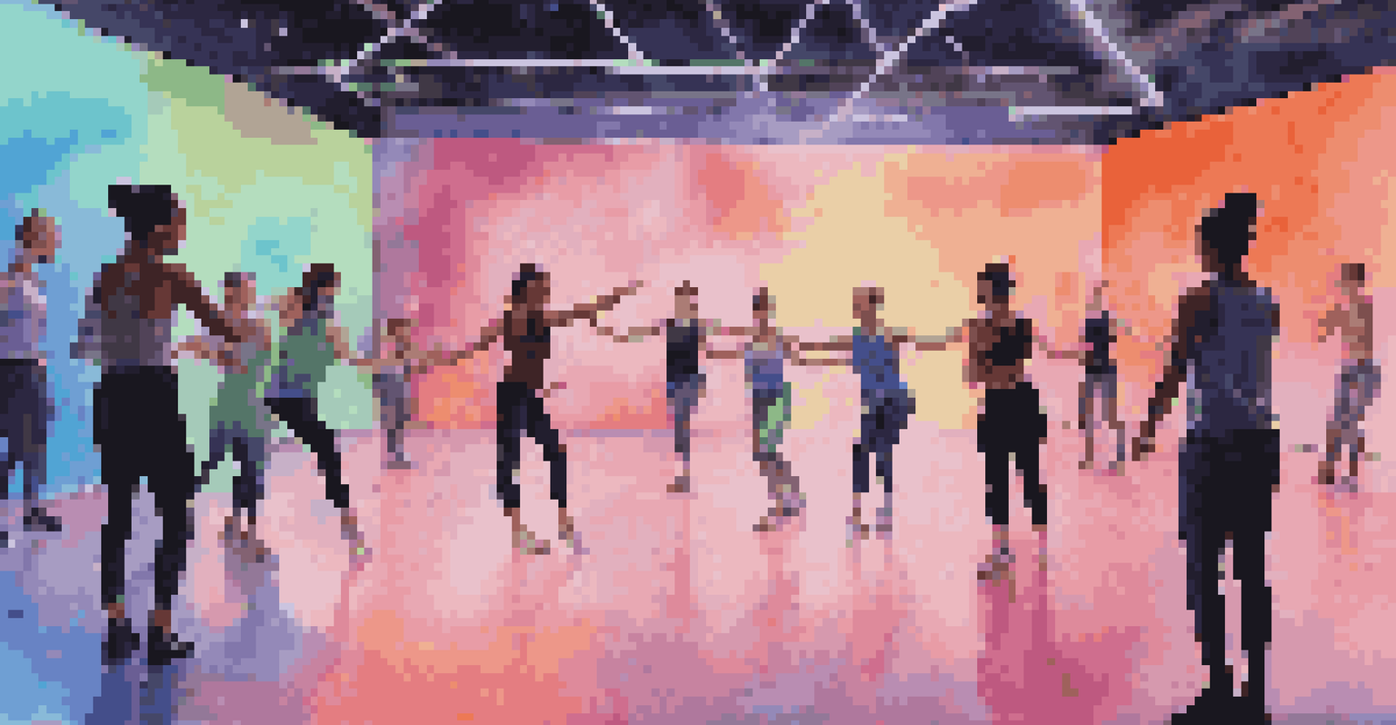 A choreographer and dancers rehearsing with drones in a high-tech studio, surrounded by colorful LED lights and equipment.