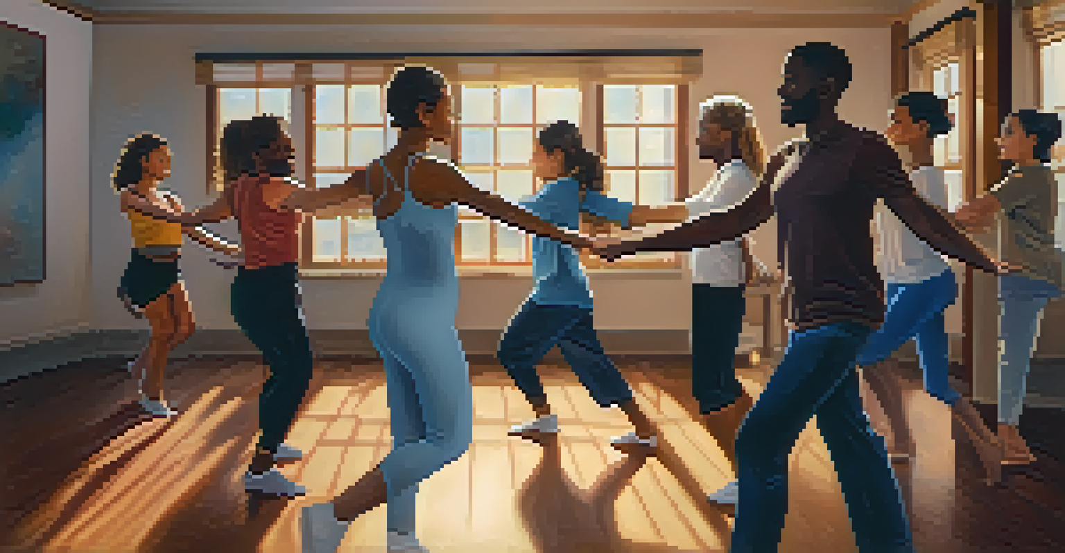 A group of diverse individuals participating in a mindful dance class in a cozy indoor setting.