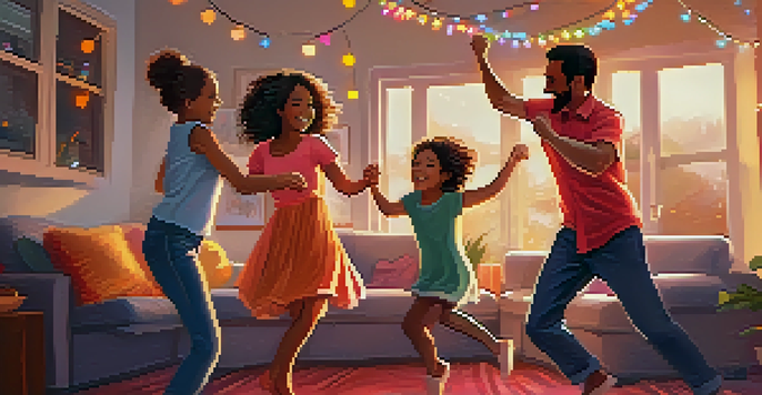 A family enjoying a dance party in their living room, with colorful cushions and fairy lights, showcasing their joy and connection.