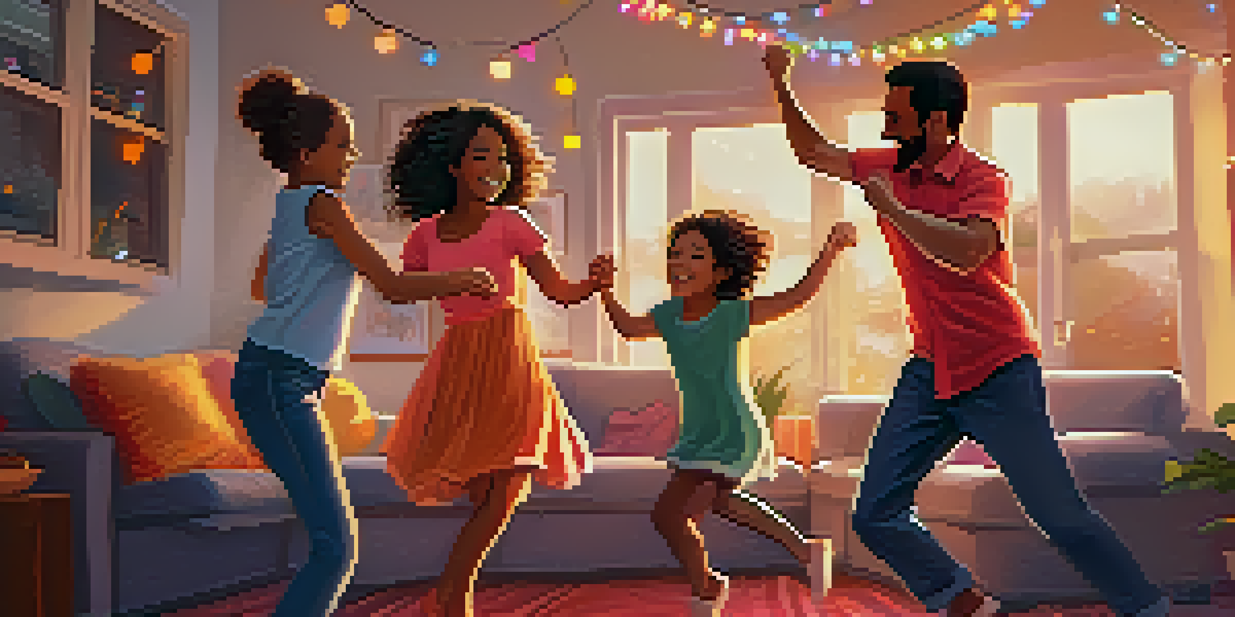 A family enjoying a dance party in their living room, with colorful cushions and fairy lights, showcasing their joy and connection.