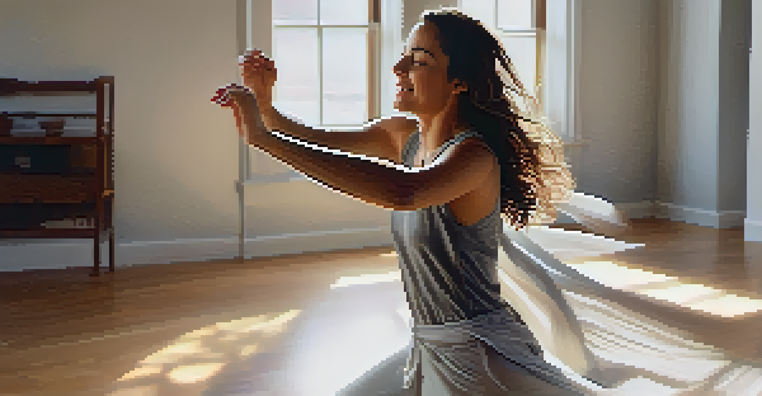 A participant in a dance movement therapy session expressing emotions through body movements in a warm, inviting setting.