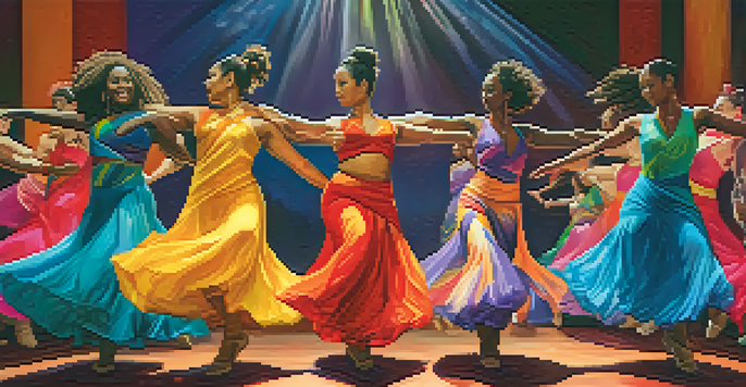 A diverse group of dancers of different body types and ethnic backgrounds performing together on stage, showcasing vibrant costumes and movements.